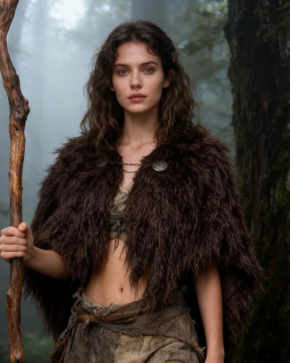Damen Wikinger‑inspiriertes Faux‑Fur‑Cape mit rustikaler Fransenoptik und Schulterüberwurf Echo Archiv