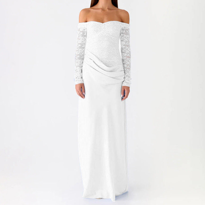 Damen Elegantes Hochzeitskleid mit schulterfreiem Ausschnitt und Spitzenärmeln Echo Archiv