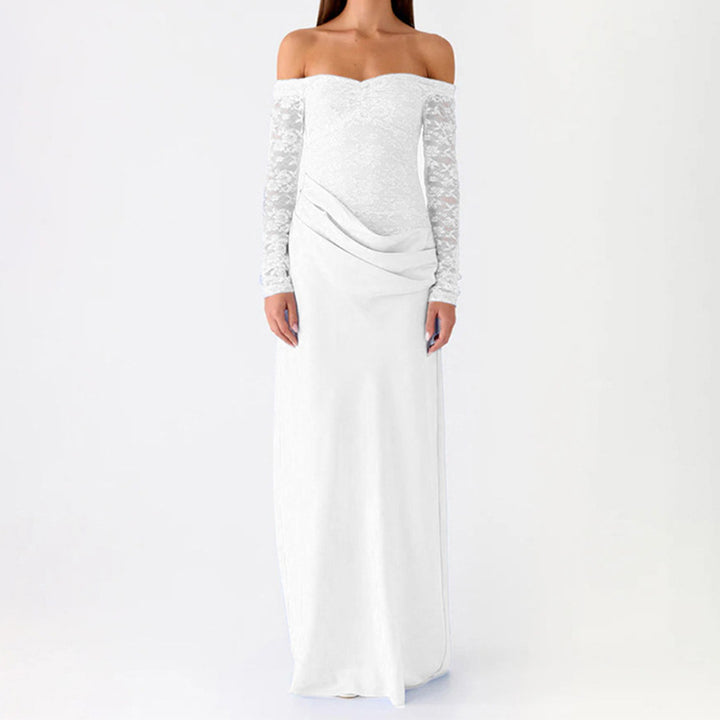 Damen Elegantes Hochzeitskleid mit schulterfreiem Ausschnitt und Spitzenärmeln Echo Archiv