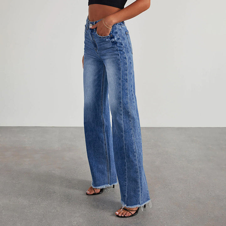 Damen High-Waist Schlagjeans mit weitem Bein und ausgefranstem Saum Echo Archiv