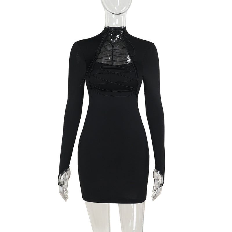 Damen figurbetontes Langarmkleid mit asymmetrischem Rückenausschnitt und trendigen Schnürdetails Echo Archiv