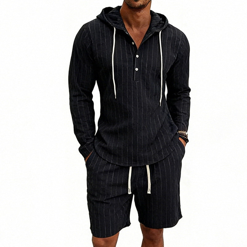 Herren nan gestreiftes Leinenoptik-Kapuzen-Henley-Set mit Tunnelzug-Shorts Echo Archiv