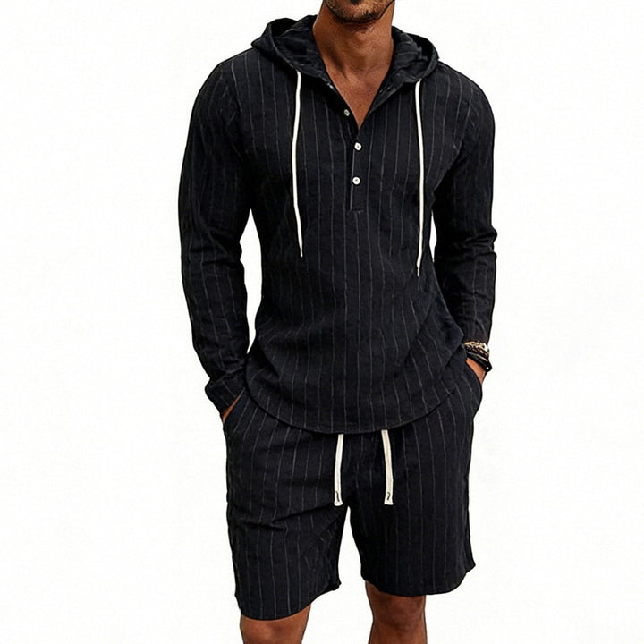 Herren nan gestreiftes Leinenoptik-Kapuzen-Henley-Set mit Tunnelzug-Shorts Echo Archiv
