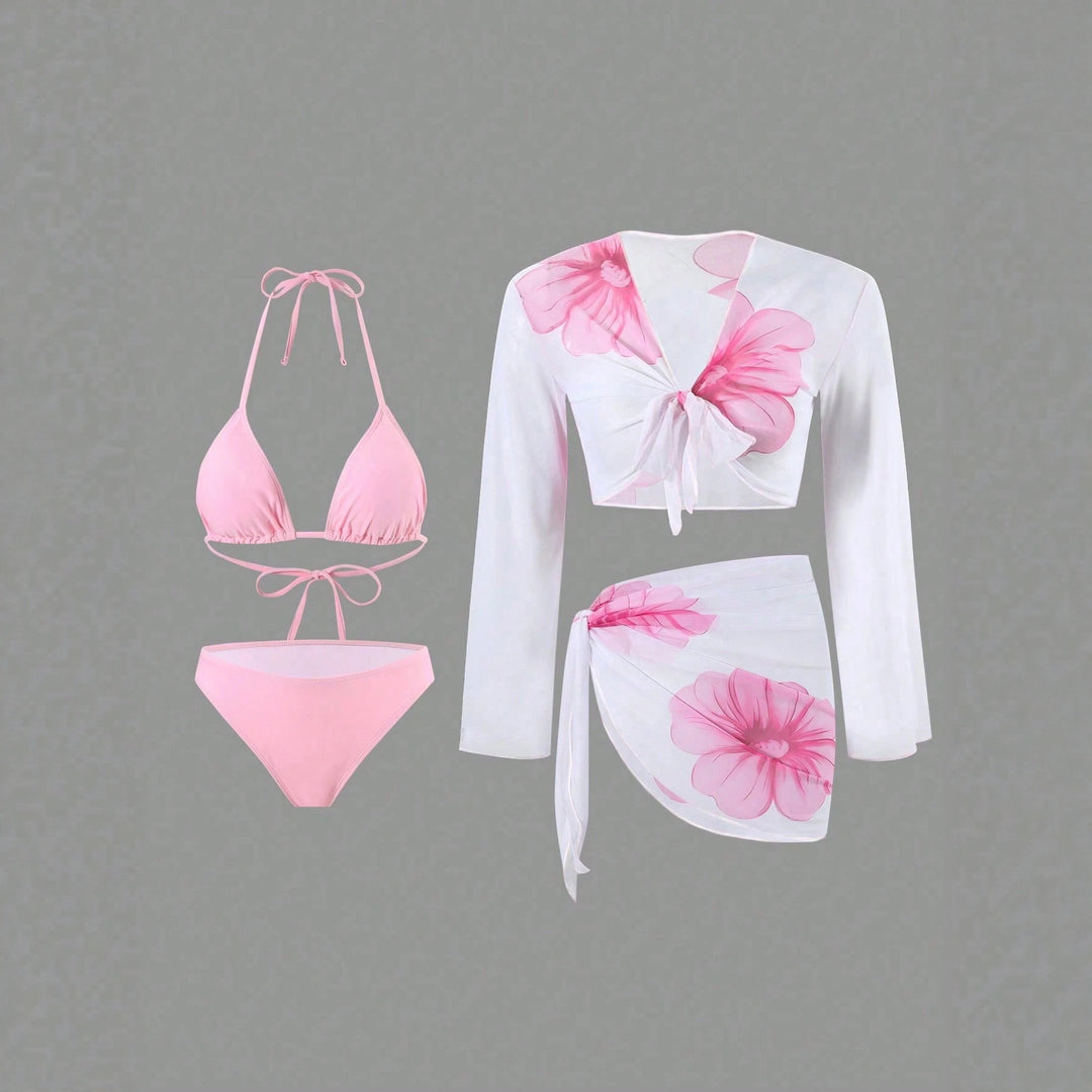 Damen Bikini-Set mit floralem Wickeltuch und langärmliger Oberteile Echo Archiv