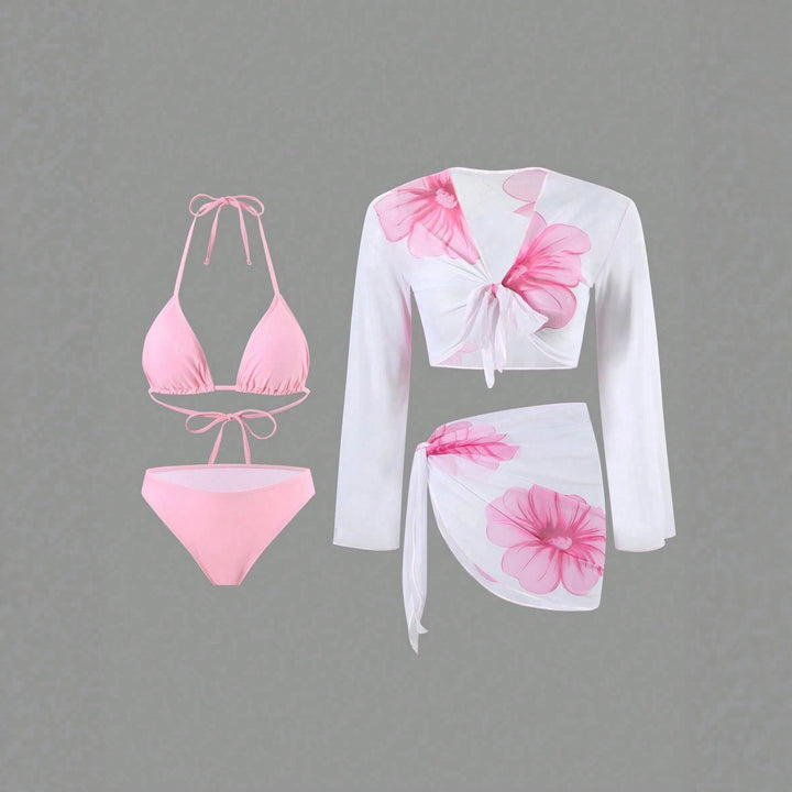 Damen Bikini-Set mit floralem Wickeltuch und langärmliger Oberteile Echo Archiv