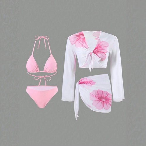 Damen Bikini-Set mit floralem Wickeltuch und langärmliger Oberteile Echo Archiv
