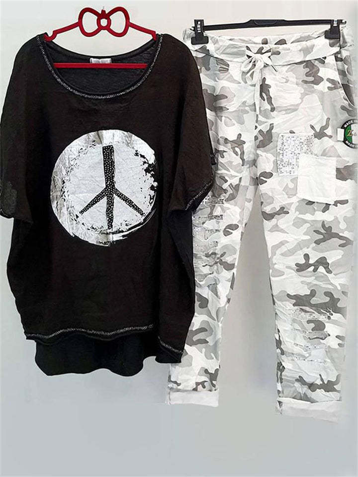 Damen nan lässiges Freizeit-Zweiteiler mit weit geschnittenem Leinenoptik-Shirt, Peace-Symbol und Camouflage-Jogpant mit Patchdetails Echo Archiv