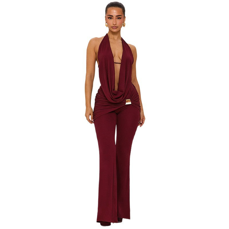 Damen Eleganter Jumpsuit mit doppeltem Kragen und trendiger Raffung Echo Archiv