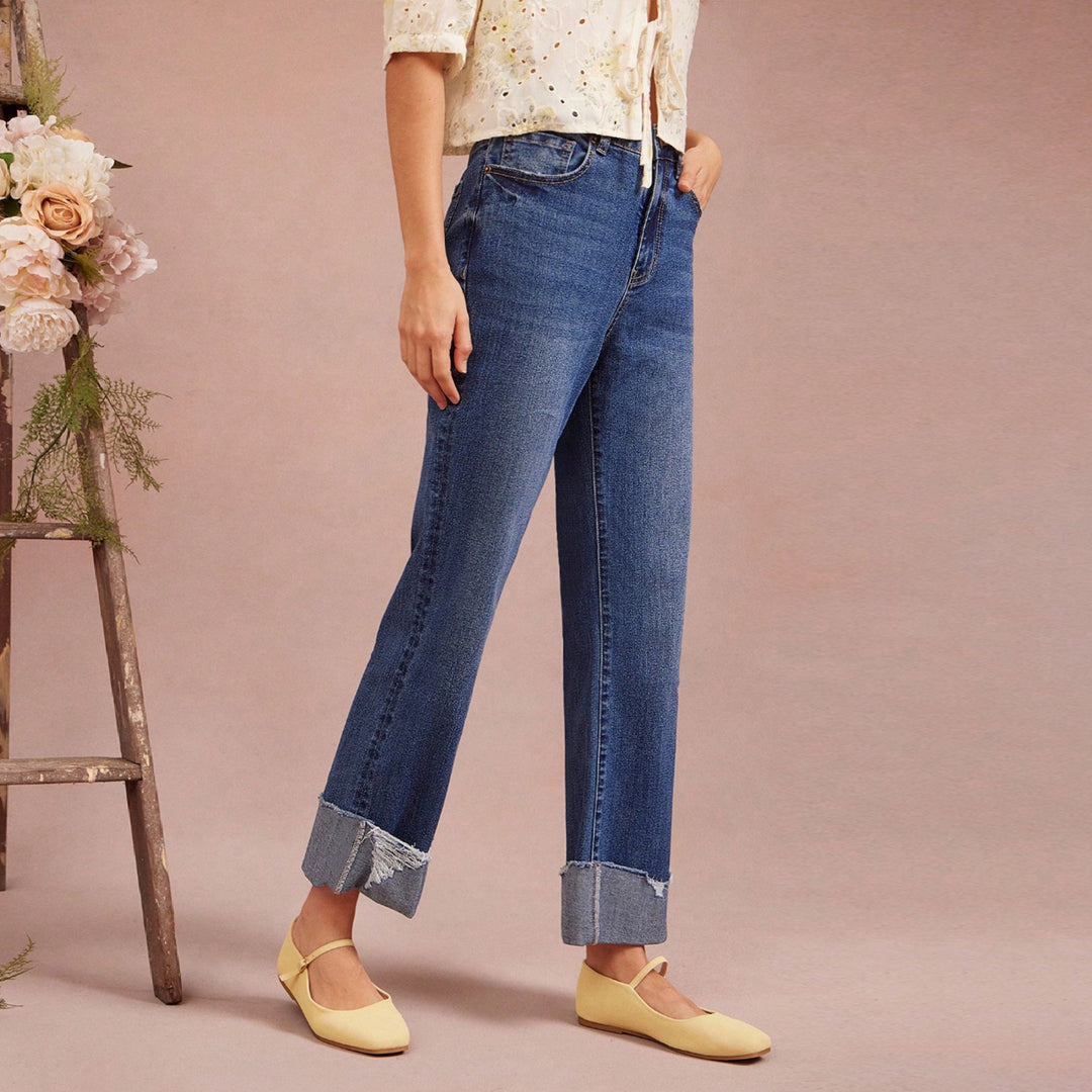 Damen Hochtaillierte Cropped-Jeans mit weitem Bein und ausgefranstem Umschlag Echo Archiv