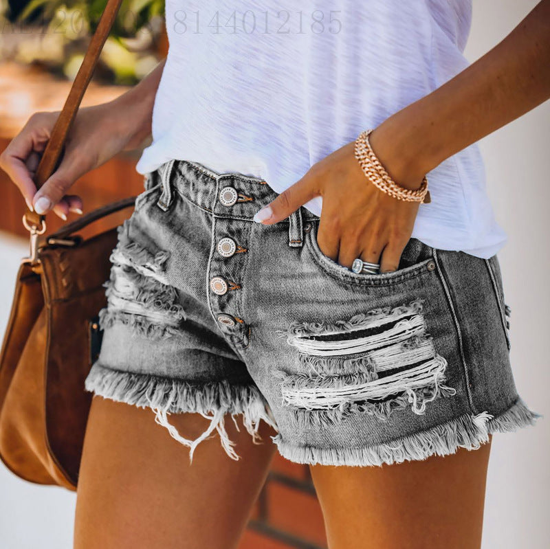Damen lässige Destroyed Denim-Shorts mit Knopfdetails und fransigem Saum Echo Archiv
