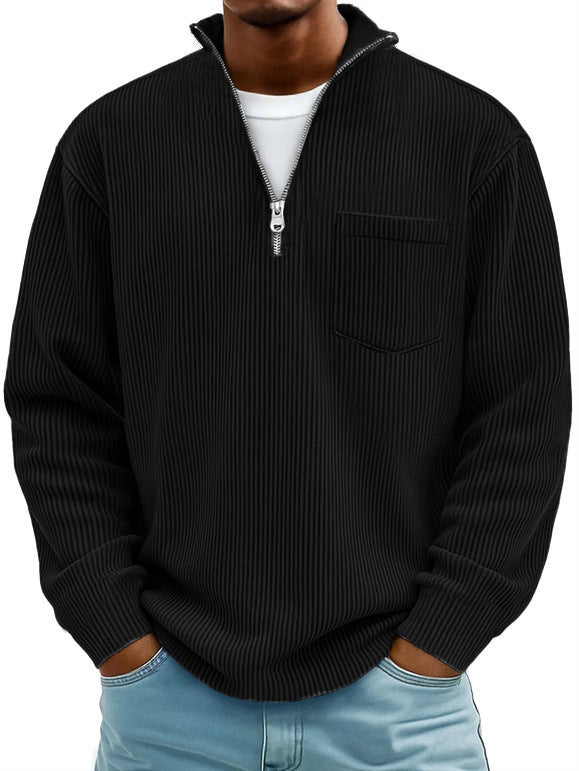 Herren Rippstrickpullover mit kurzem Reißverschluss und Brusttasche EB – Norvane