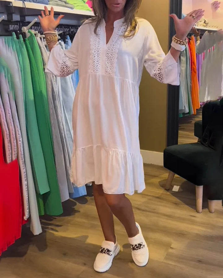 Damen nan lockeres Babydoll-Tunikakleid mit Spitzenpasse, V-Ausschnitt, Stehkragen und Stufenvolant Echo Archiv