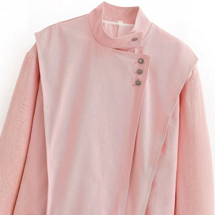 Damen asymmetrische Oversize-Jacke mit hohem Stehkragen und dekorativer Knopfleiste Echo Archiv