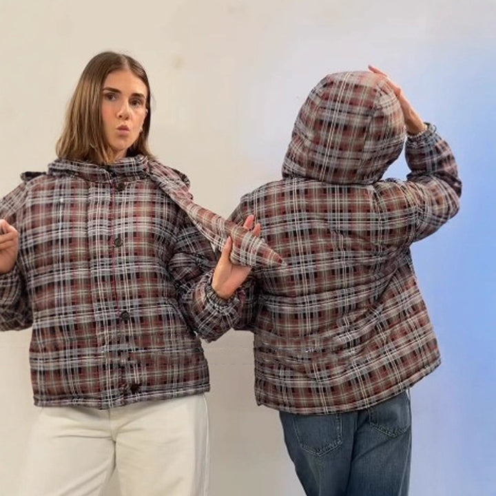 Damen Kurz geschnittene karierte wattierte Boxy-Steppjacke mit integrierter Kapuze und Bindeschal Echoarchiv