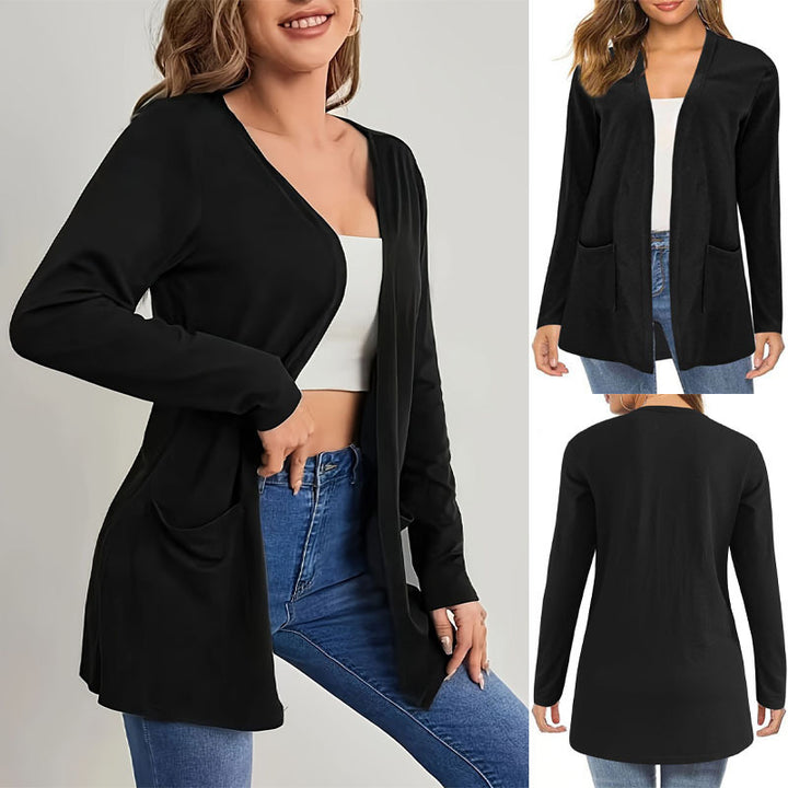 Damen Langer Offener Feinstrickcardigan mit Eingrifftaschen und dezentem V‑Ausschnitt – Veloura