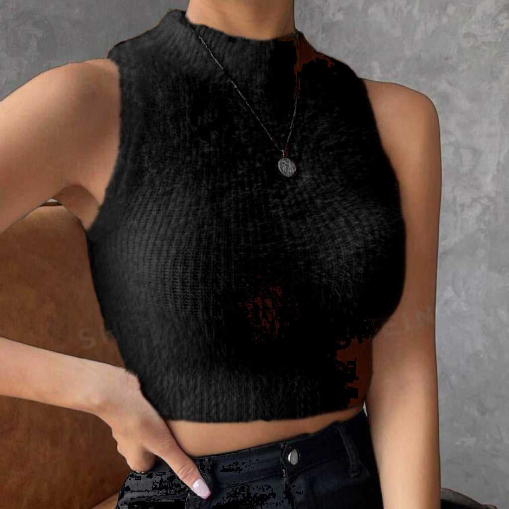 Damen Kurz geschnittenes ärmelloses geripptes Strick-Crop-Top mit Stehkragen – Avérine