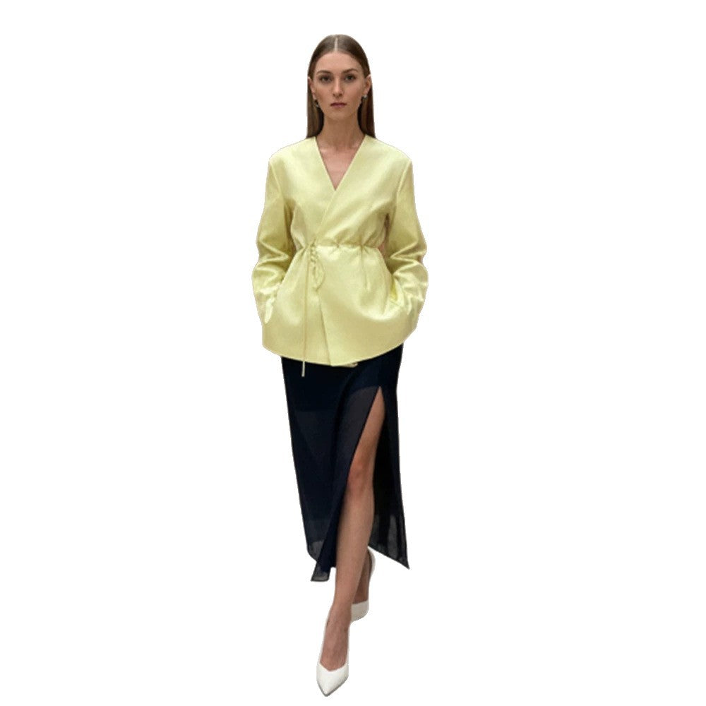 Damen Wickelblazer mit Tunnelzug und weiter Culotte‑Hose Zweiteiler Echoarchiv
