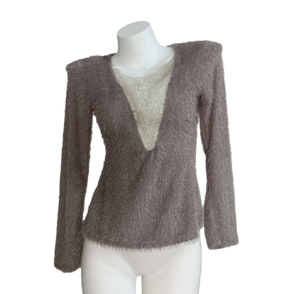 Damen Flauschiges Langarmshirt mit tiefem V‑Ausschnitt und Glitzer-Insert Echoarchiv