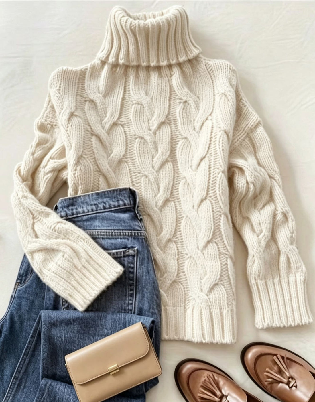 Damen Grobstrick-Rollkragenpullover mit markanten Zopfmustern und gerippten Bündchen – Mavelle