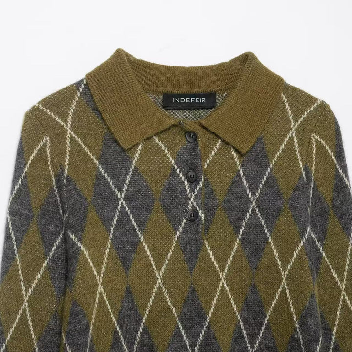 Damen nan Argyle-Polo-Strickpullover mit Cropped-Schnitt, Rippbündchen und Knopfleiste Echo Archiv