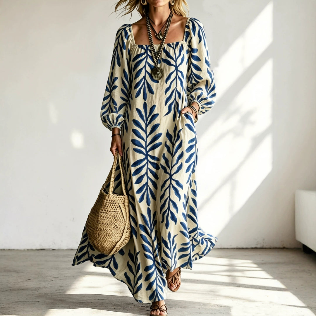 Damen Maxikleid mit quadratischem Ausschnitt, Ballonärmeln und botanischem Print Echoarchiv
