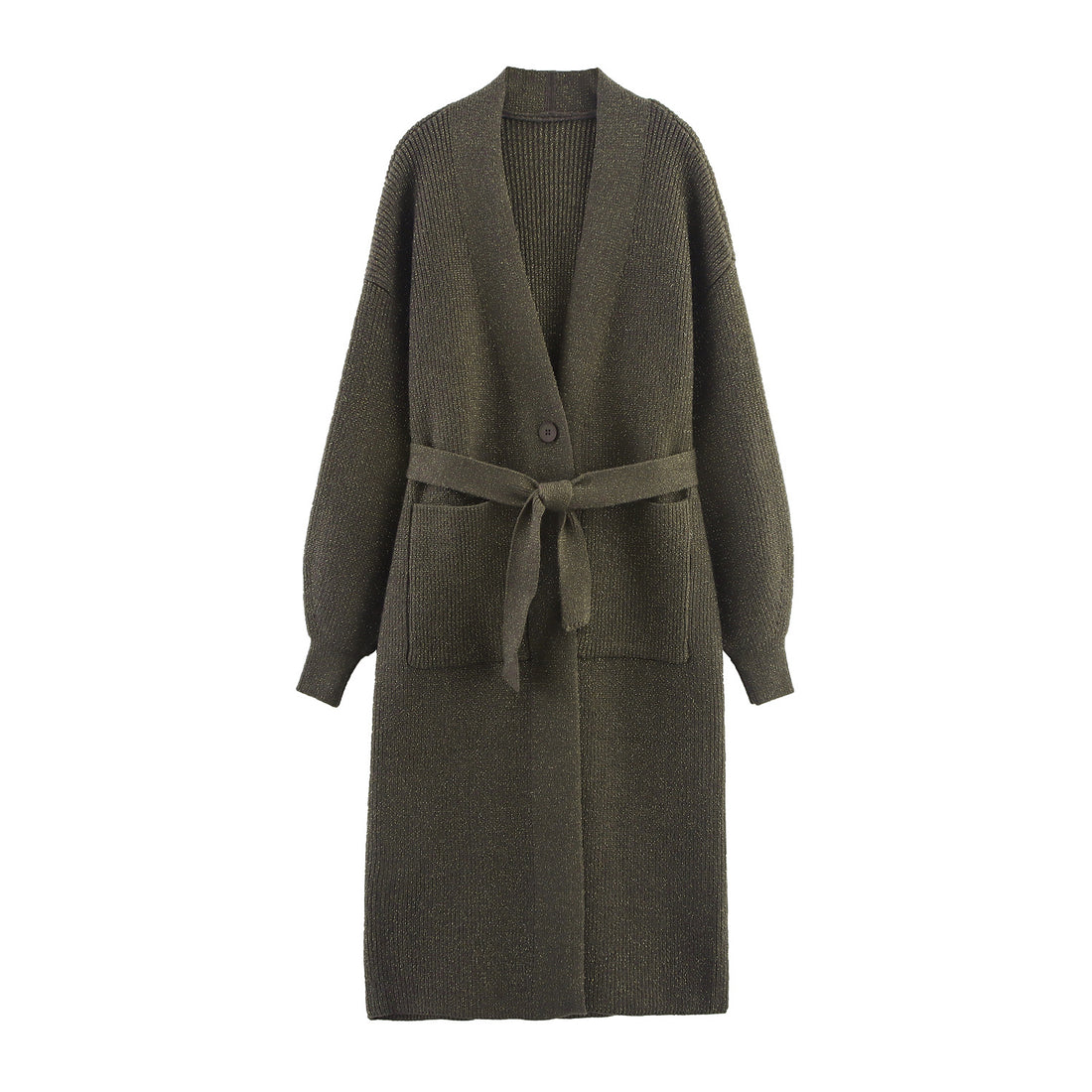 Damen Lange Strickjacke mit Bindegürtel, aufgesetzten Taschen und tiefem V-Ausschnitt Echoarchiv
