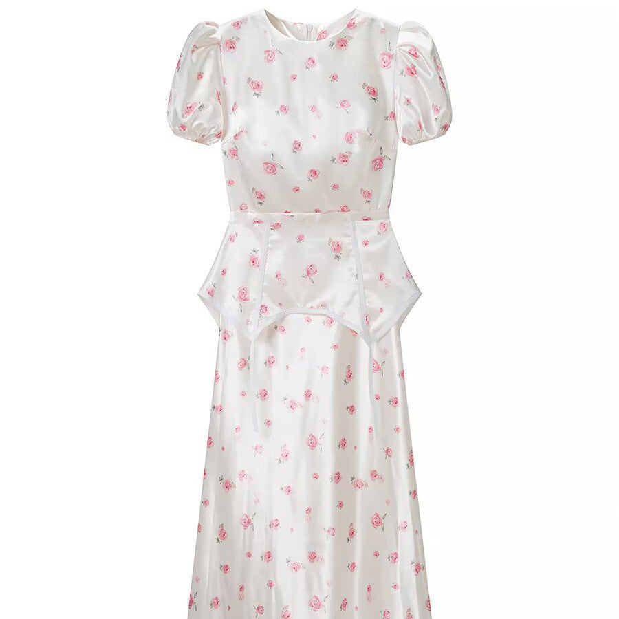 Damen Midikleid aus Satin mit Puffärmeln, integrierter Korsagen-Peplum und zartem Blumenprint Echo Archiv