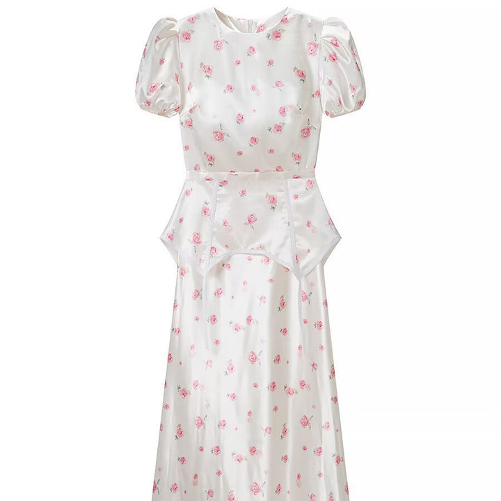 Damen Midikleid aus Satin mit Puffärmeln, integrierter Korsagen-Peplum und zartem Blumenprint Echo Archiv