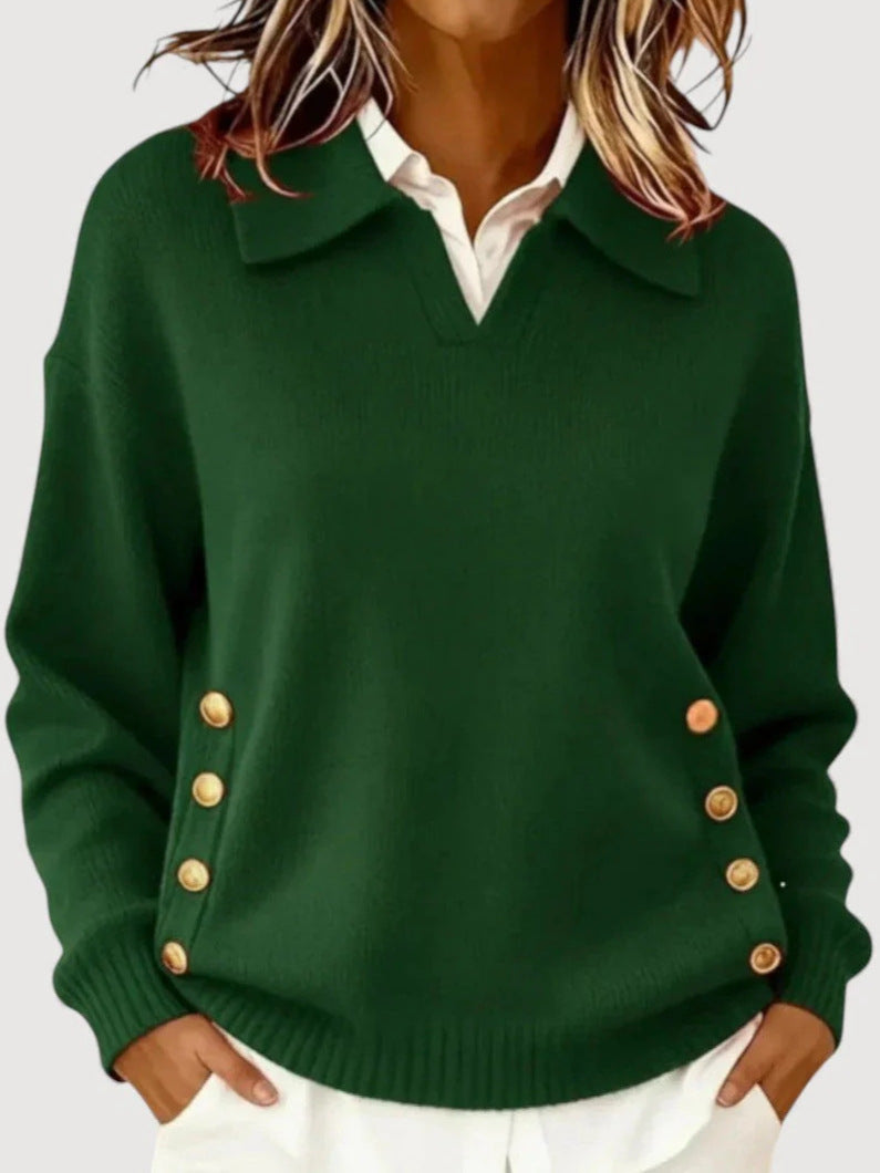 Damen Modischer Strickpullover mit Kragen und Knopfdetails – Mavelle