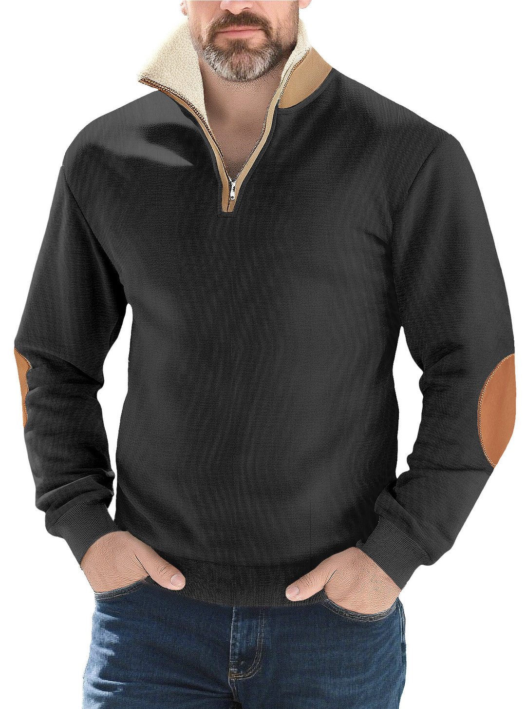 Herren nan Strukturstrick-Halbzipppullover mit wärmendem Sherpa-Kragen und Velours-Ellenbogenapplikation Echo Archiv