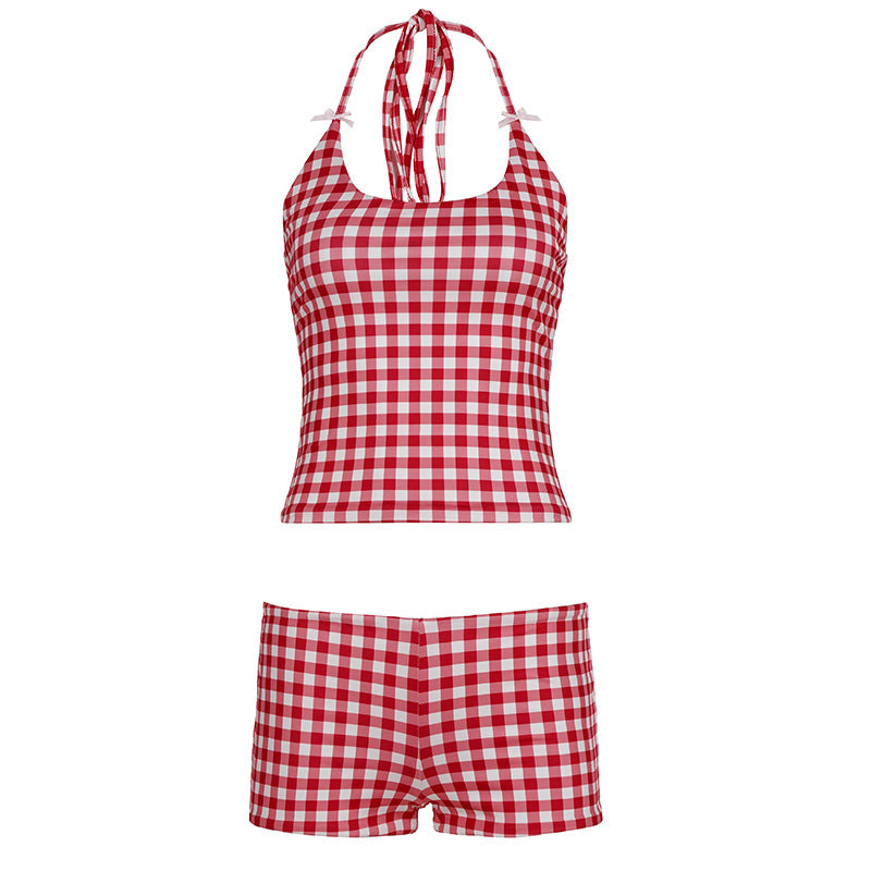 Damen Gingham Muster Badeanzug mit verstellbarem Halter Echo Archiv
