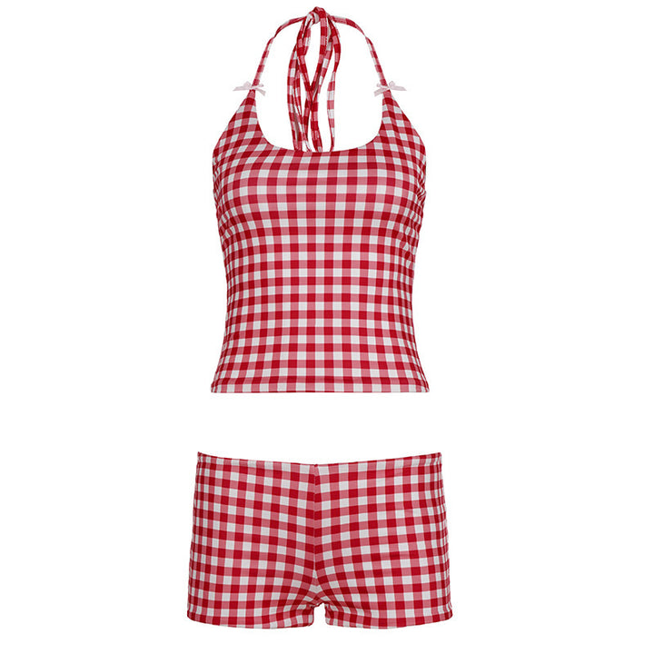 Damen Gingham Muster Badeanzug mit verstellbarem Halter Echo Archiv