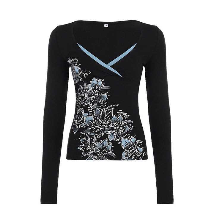 Damen Langarm-Crossover-Top mit V-Ausschnitt, floraler Seitenprint und Kontrastbesatz – Orélia