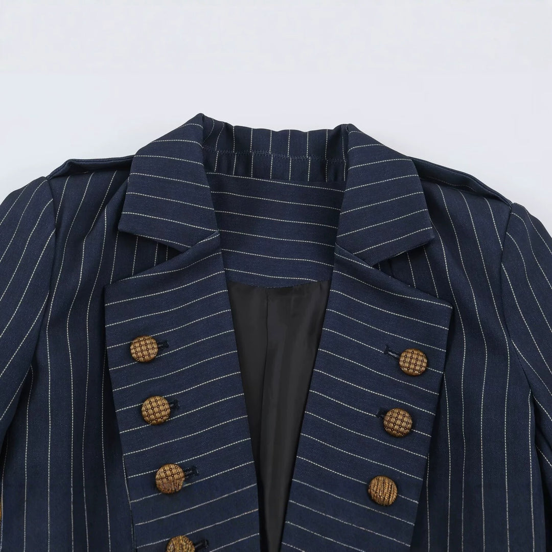 Damen taillierter Doppelreiher-Nadelstreifenblazer mit Schulterklappen Echo Archiv