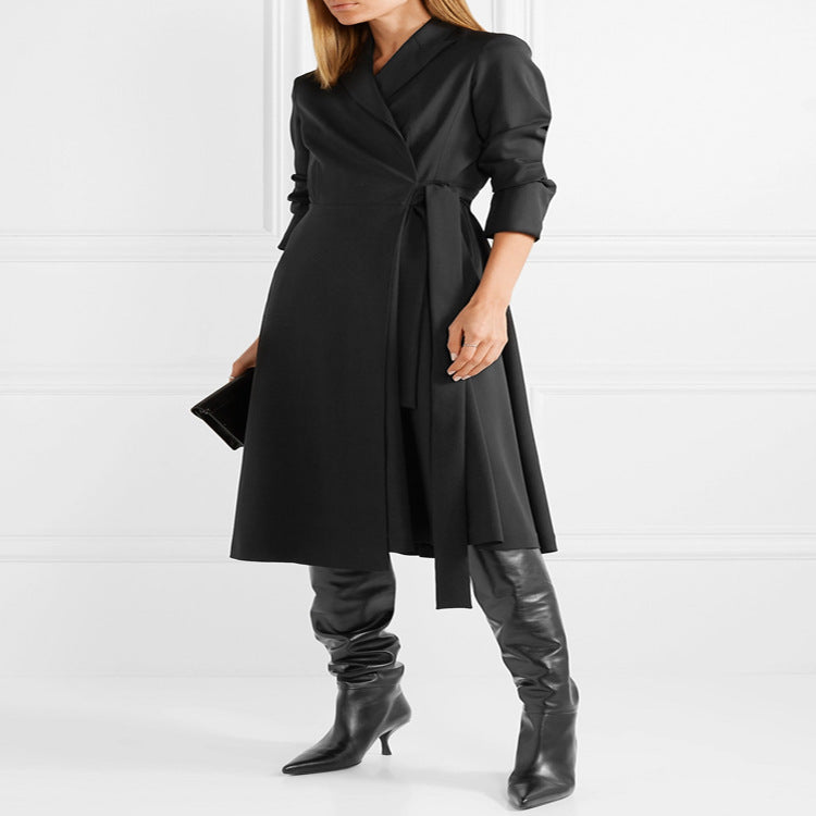 Damen Wickel‑Midikleid‑Mantel im Tailoring mit Schalkragen und Bindegürtel Echoarchiv