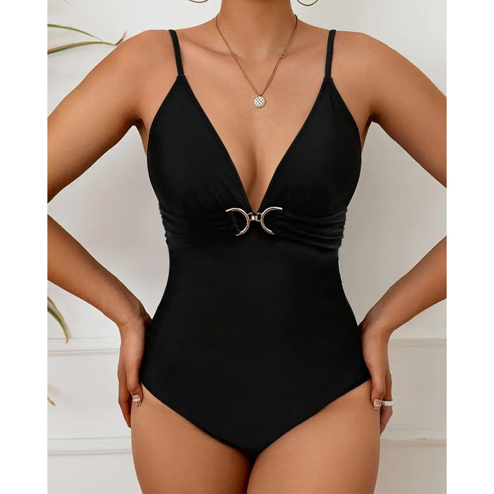 Damen Eleganter Einteiler Badeanzug mit V-Ausschnitt und Zierdetails Echo Archiv
