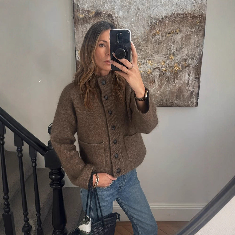 Damen Kurzjacke aus flauschigem Mohair‑Mix mit Knopfleiste & aufgesetzten Taschen Echoarchiv