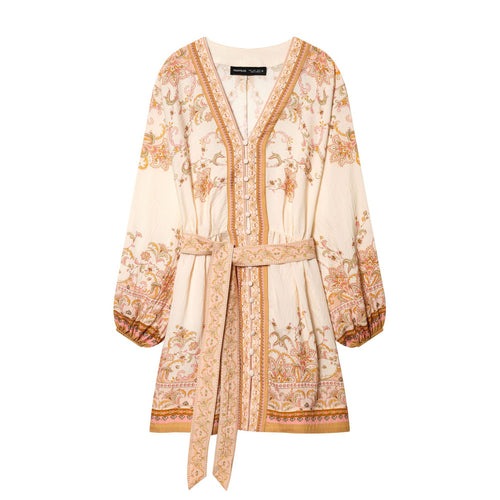 Damen besticktes Boho-Minikleid mit tiefem V-Ausschnitt, durchgehender Knopfleiste, taillierendem Bindegürtel und ballonärmeln – Élara