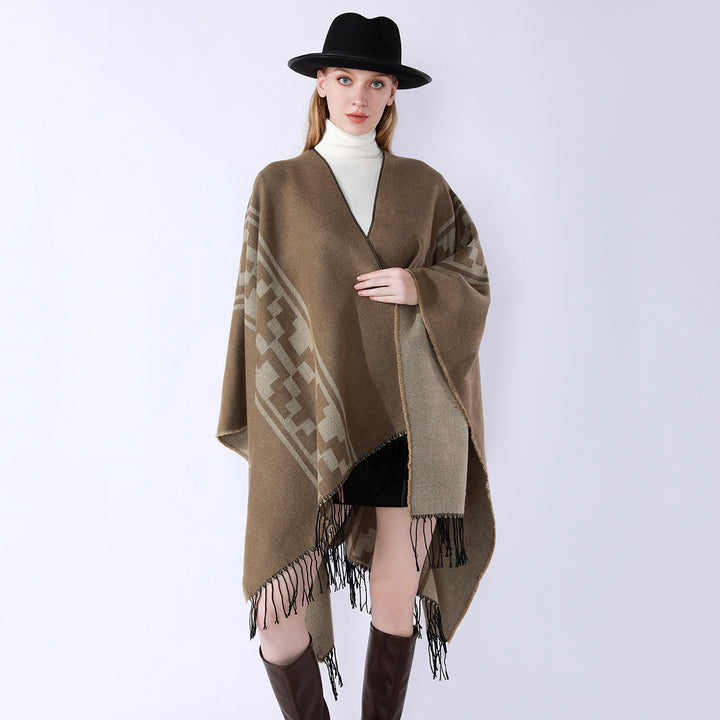 Damen Oversize-Cape mit geometrischem Jacquard, Fransensaum und Wendefunktion Echo Archiv