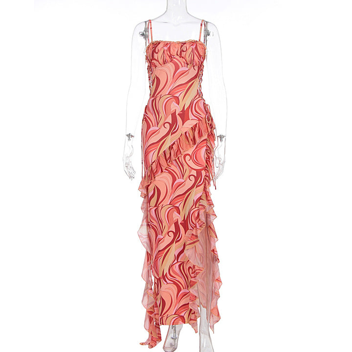 Damen Maxi-Kleid mit Rüschendetails und fließendem Muster Echo Archiv