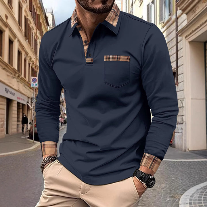 Herren langärmliges Poloshirt mit kariertem Kragen und Brusttasche Echoarchiv