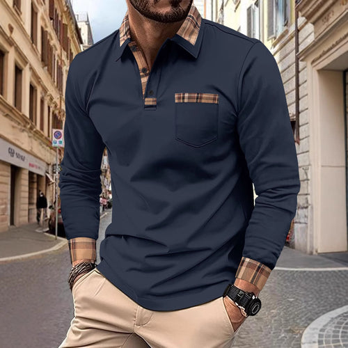 Herren langärmliges Poloshirt mit kariertem Kragen und Brusttasche Echoarchiv