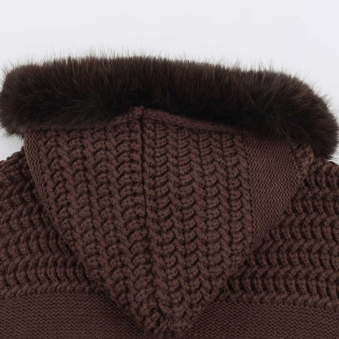 Damen Grobstrick-Cardigan mit Reißverschluss und Kunstfellkapuze Echoarchiv