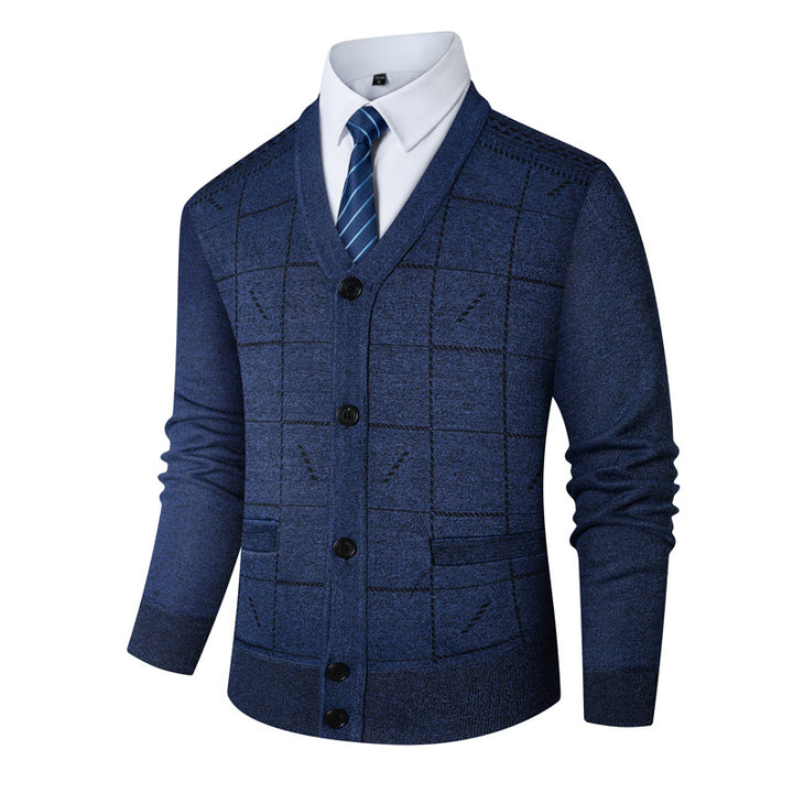 Herren V-Ausschnitt Strickjacke mit modernen Karomuster Echoarchiv
