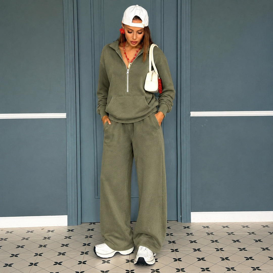 Damen lässiges Zip-Sweatset mit Polokragen und weitem Jogger-Schnitt – Avérine