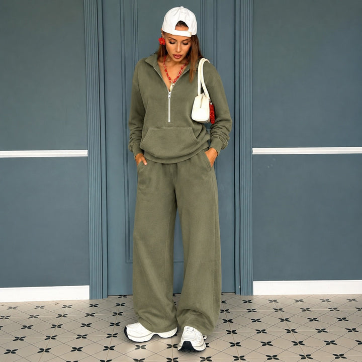 Damen lässiges Zip-Sweatset mit Polokragen und weitem Jogger-Schnitt – Avérine