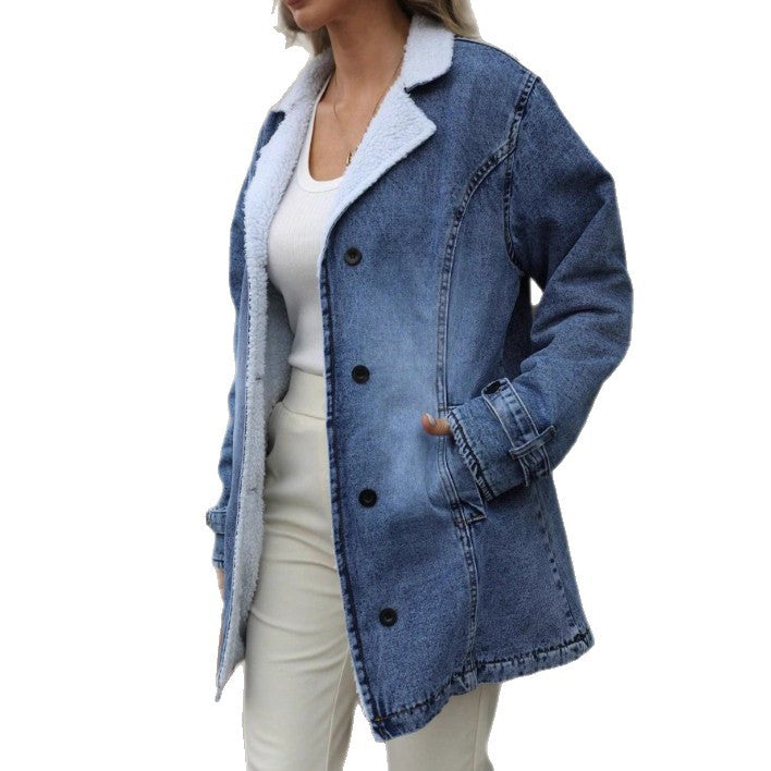 Damen Oversize-Denimjacke mit Teddyfutter, Knopfleiste und aufgesetzten Taschen Echo Archiv