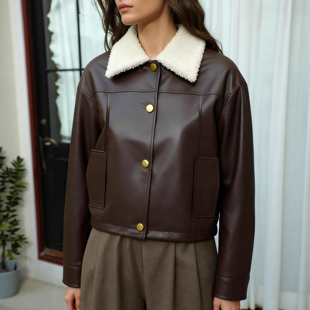 Damen Kurzgeschnittene Kunstlederjacke mit Teddykragen und Druckknöpfen Echoarchiv