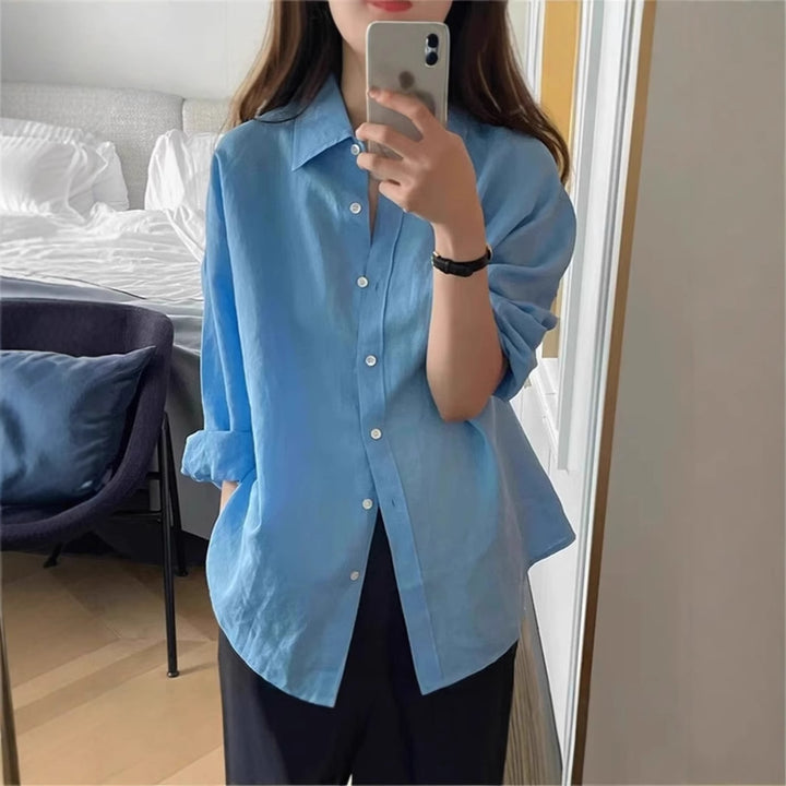 Damen Locker geschnittene Leinen‑Hemdbluse mit kastiger Silhouette und abgerundetem Saum – Élovi