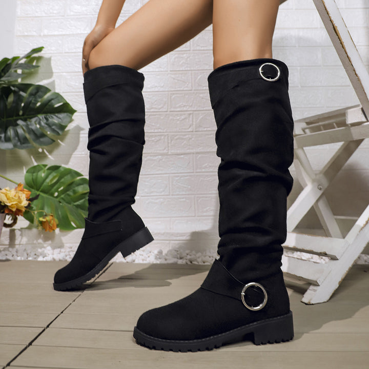Damen kniehohe Slouch-Stiefel aus Wildlederoptik mit dekorativer Schnalle und rutschfester Profilsohle Echo Archiv